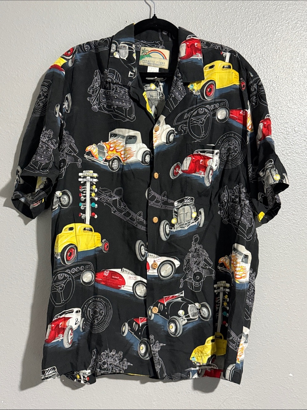 Vintage Paradise Found Men's Black Short-Sleeve Button Shirt w/ Multi Car Print